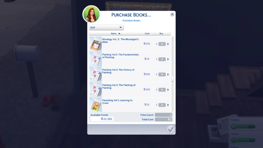 A screenshot from The Sims 4 of the painting skill books