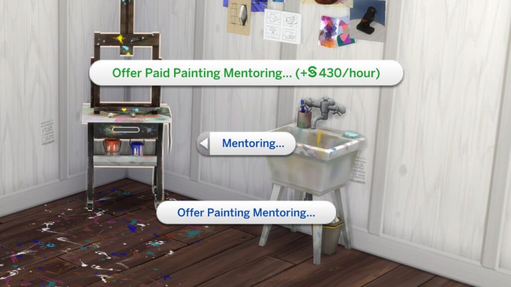 A screenshot from The Sims 4 of the options to mentor sims in painting