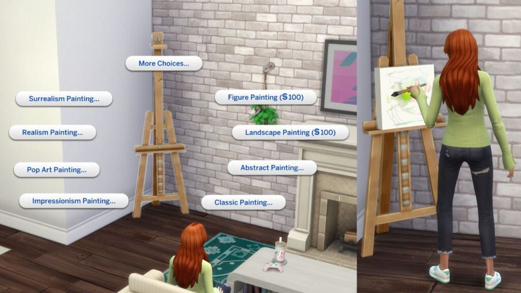A set of two screenshots from The Sims 4 showing how you can paint pictures on an easel