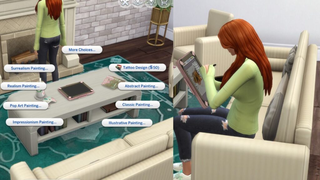 A set of two screenshots from The Sims 4 showing that your sims can paint on a sketch pad