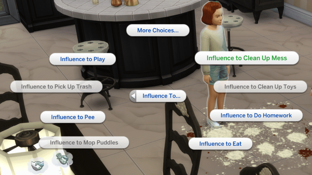 A screenshot from The Sims 4 showing the influence options that an adult with the parenting skill can do