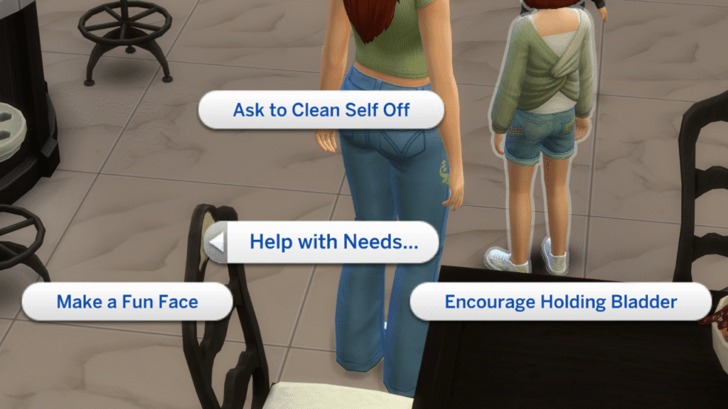 A screenshot from The Sims 4 showing the options to help a child with needs with the parenting skill