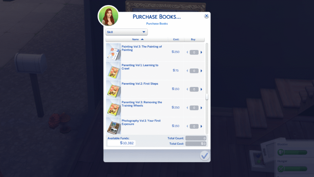 A screenshot from The Sims 4 showing the parenting skill books