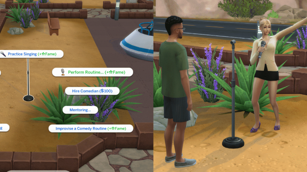 Two screenshots from The Sims 4 with one showing the perform routine option on a microphone at a park and the second showing a sim performing at that park with another sim watching 