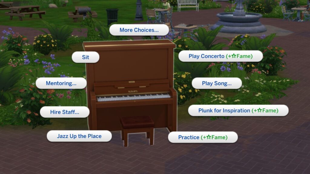 A screenshot from the sims 4 showing the options to gain fame with piano