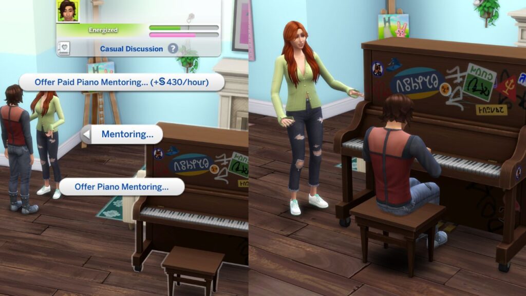 A screenshot from the sims 4 of a sim mentoring another in piano