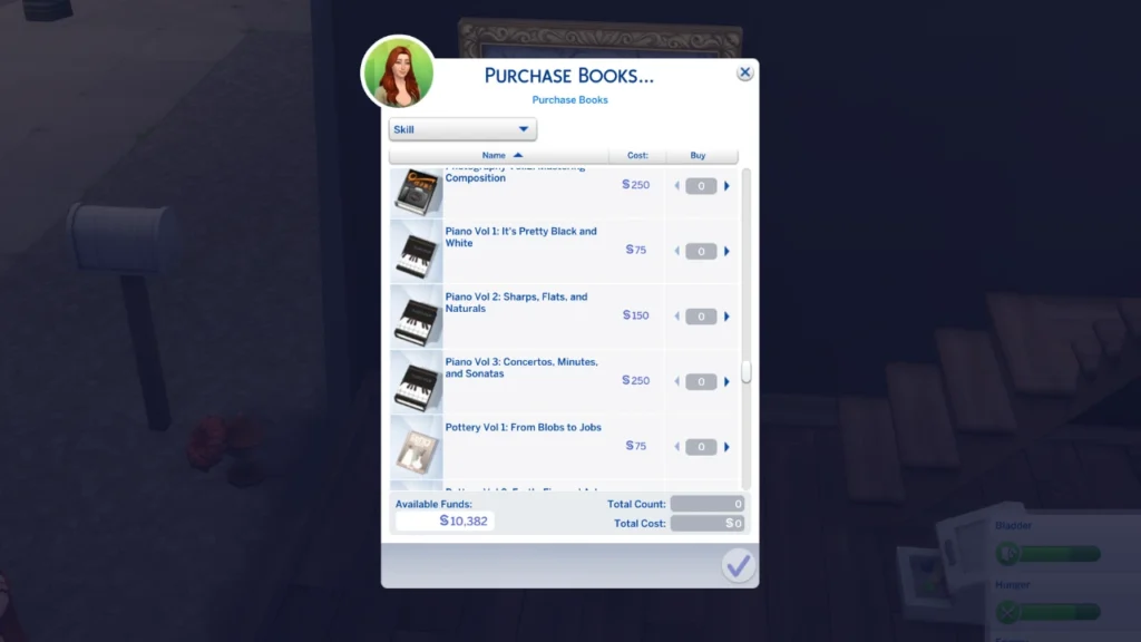 A screenshot from The Sims 4 showing the different piano skill books you can purchase
