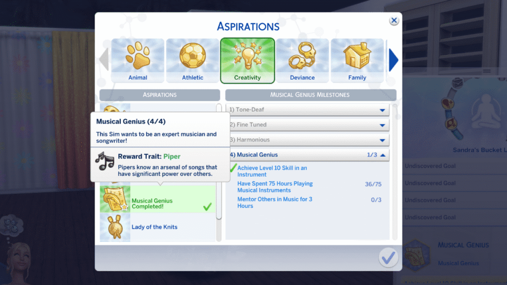 A screenshot from The Sims 4 of a completed musical genius aspiration with the piper reward trait 