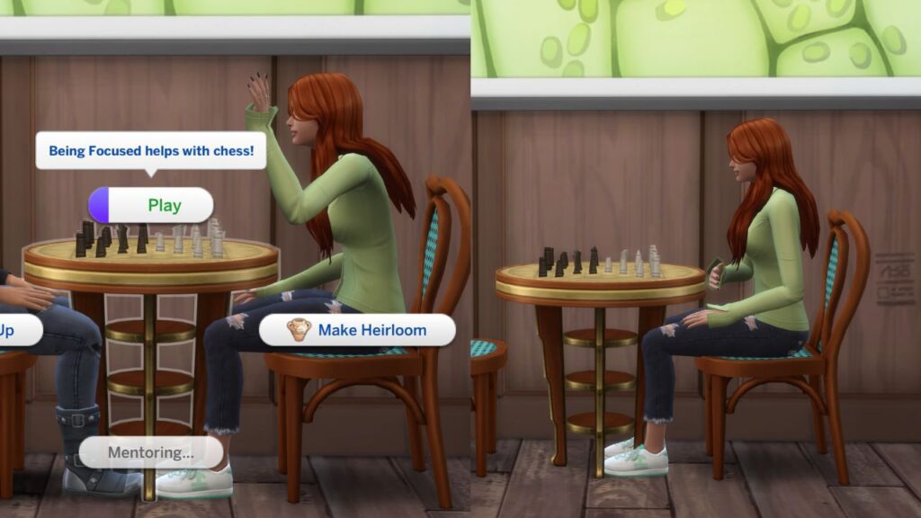 A screenshot from the sims 4 showing the option to play chess 