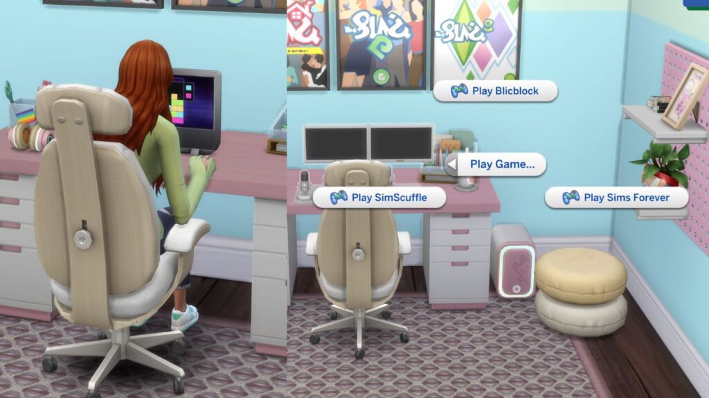 A screenshot from The Sims 4 showing a sim playing a video game on a computer 