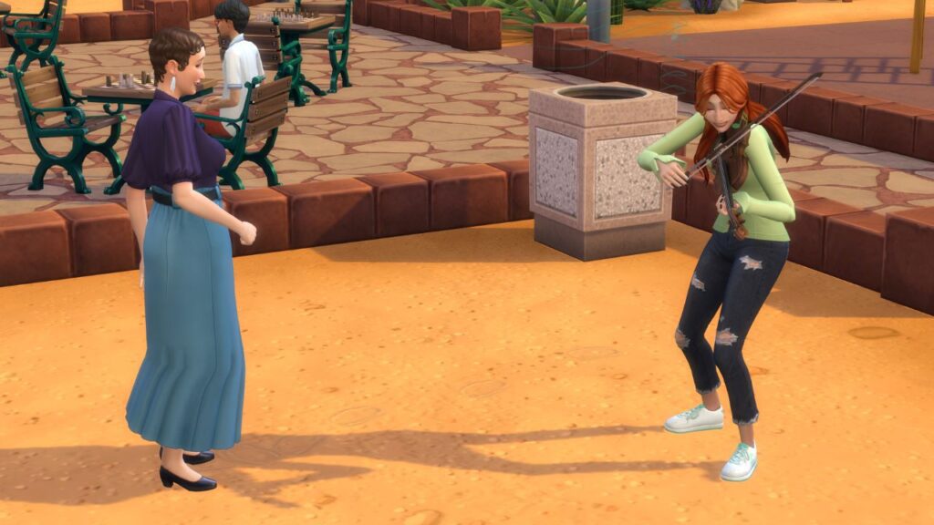 A screenshot from The Sims 4 of a sim playing violin for tips