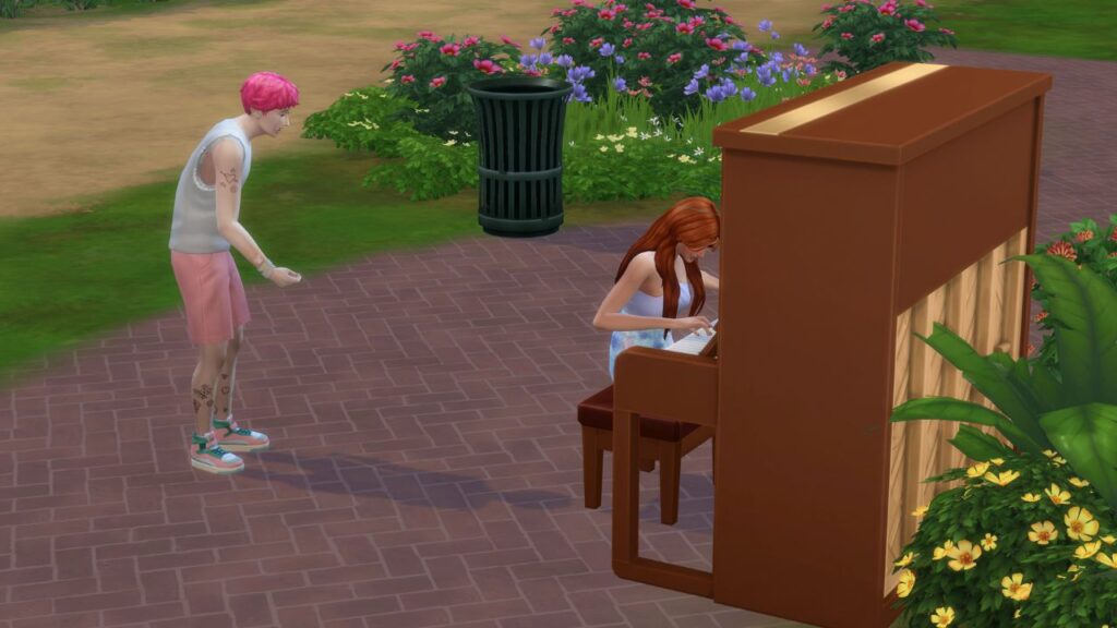 A sim playing piano for tips in a park