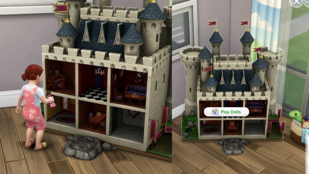 A set of two screenshots from the sims 4 of a toddler playing with dolls at a doll house to learn the imagination skill