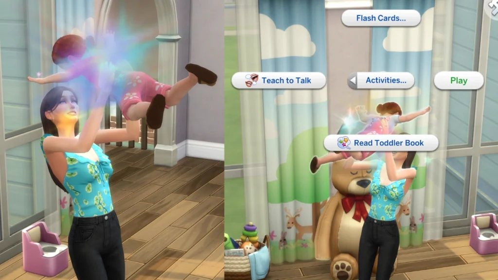 A screenshot from the sims 4 having a mom playing with their toddler to gain the movement skill 