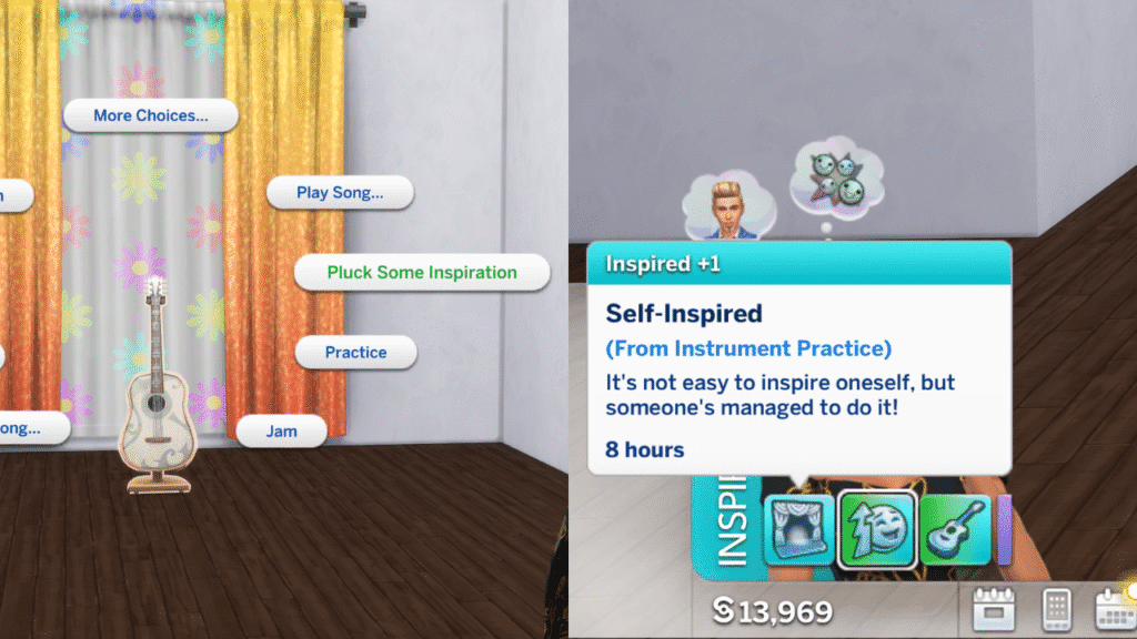 A screenshot from The sims 4. It has two images, the first is a guitar with the menu open with Pluck Some Inspiration highlighted and the second shows the moodlet you get from doing it.