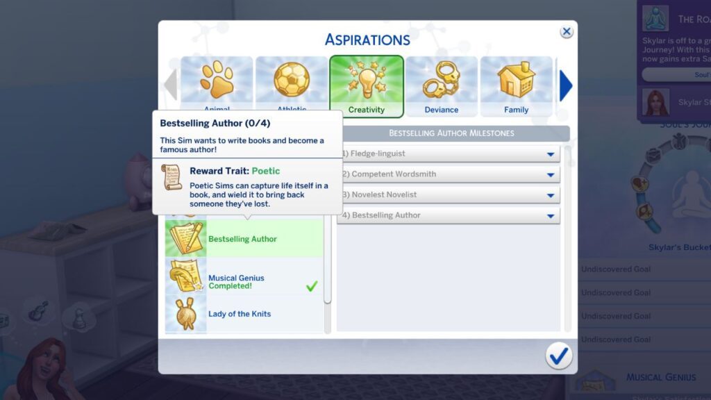 A screenshot from The Sims 4 showing the poetic trait you get when you finish the best selling author aspiration 