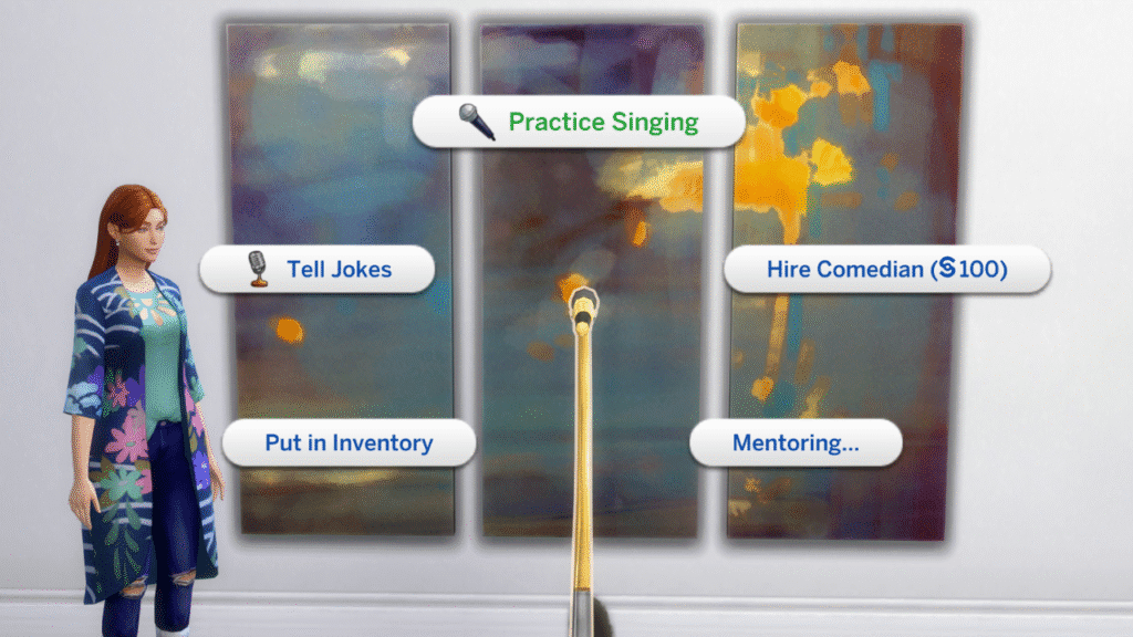 A screenshot from The Sims 4 showing how a sim can practice singing on a microphone