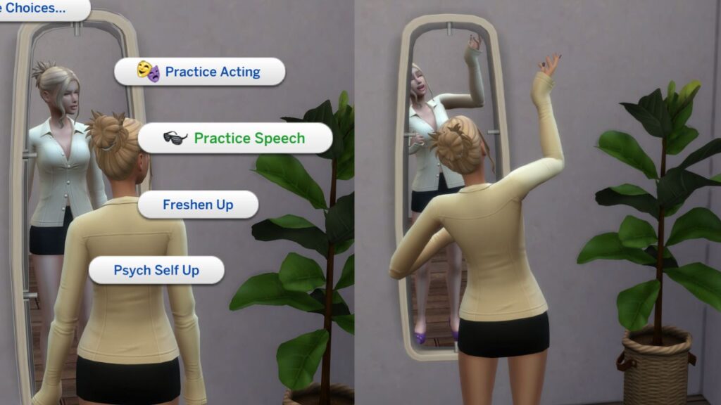 A screenshot from The Sims 4 with two images, the first shows the practice speech option on a mirror and the second has a sim practicing a speech in the mirror 