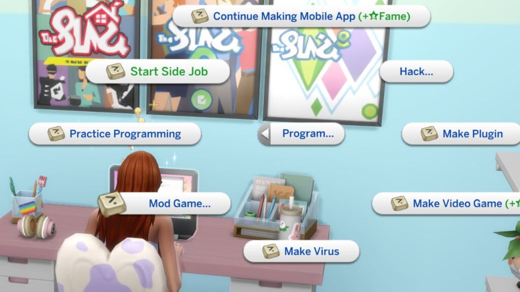 A screenshot from the sims 4 showing the option to start side job in the sims 4