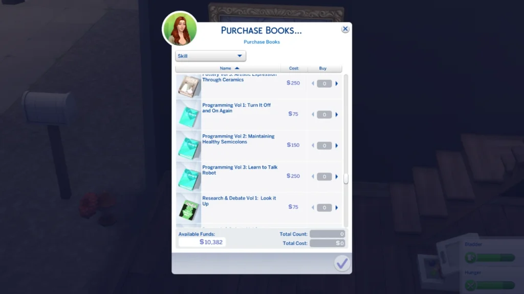 A screenshot from the sims 4 of the programming skill books your sims can purchase
