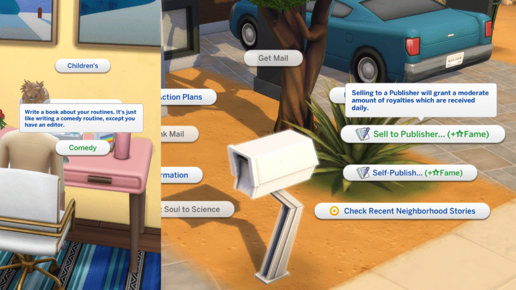 Two screenshots from The Sims 4 showing that you can write a comedy book and sell to publisher with the sims 4 comedy skill 