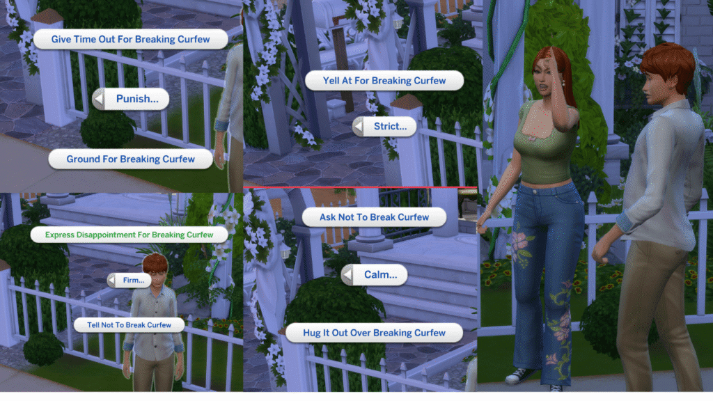 A screenshot from The Sims 4 of the options to discipline a teenager for staying out after curfew