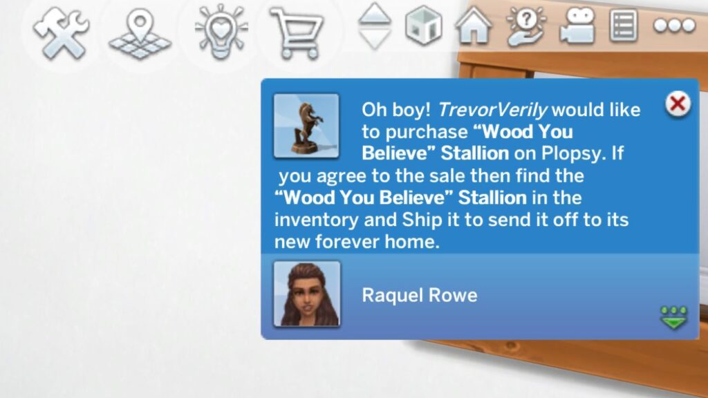 A screenshot of a notification from The sims 4 of a sim wanting to buy a horse sculpture