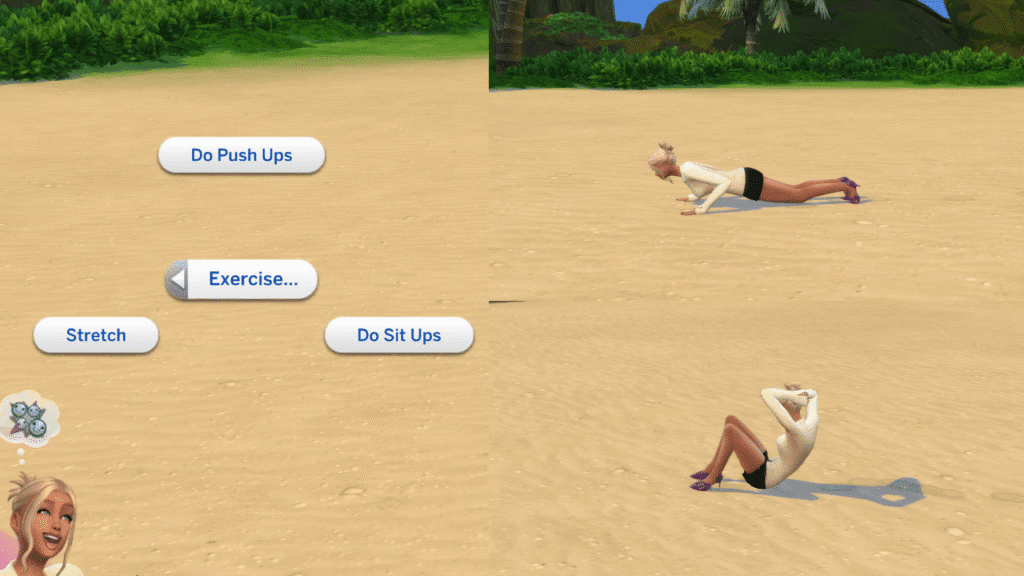 A screenshot from The Sims 4. It has 3 images, the first has exercise options for push ups and sit ups. The two other images have a sim doing push ups and sit ups
