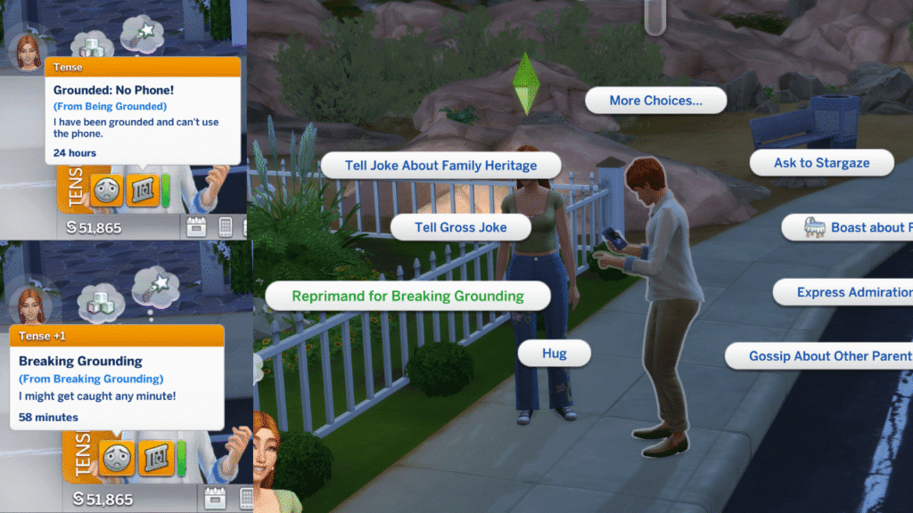 A screenshot from The Sims 4 of a parent reprimanding their teen for breaking their grounding