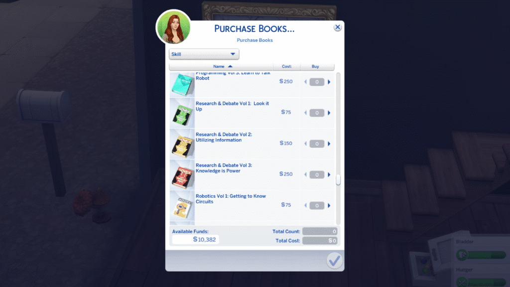 A screenshot from The Sims 4 showing the options for research & debate skill books