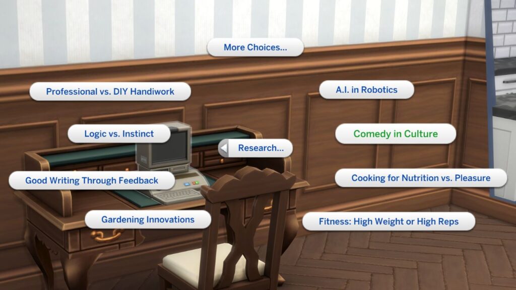 A screenshot from The Sims 4 showing the option to research comedy in culture on the research archive machine 