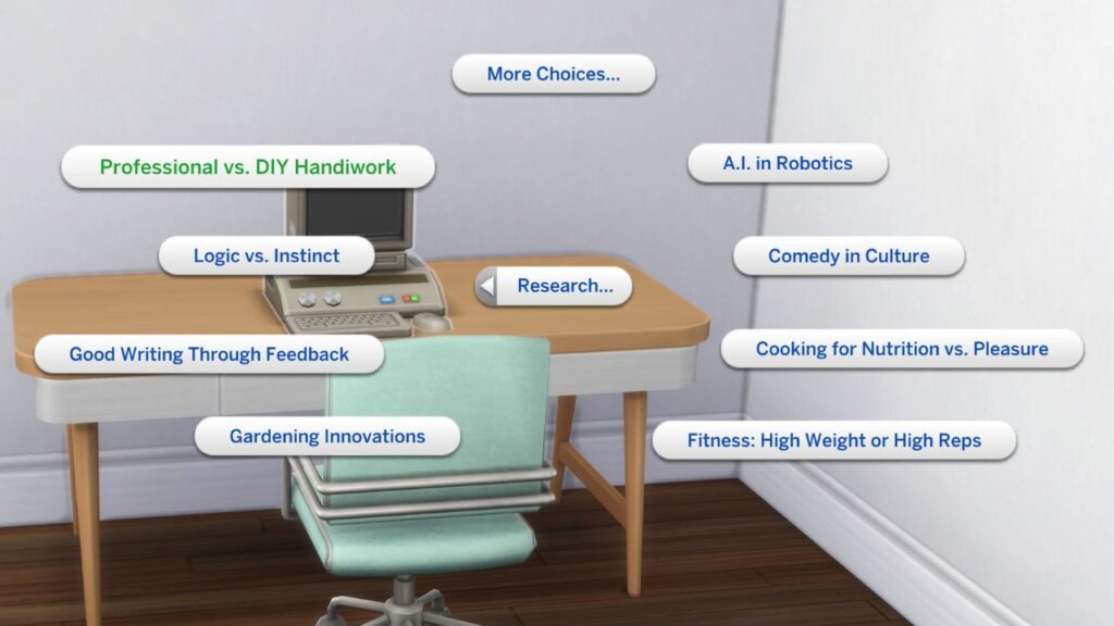 A screenshot from The Sims 4 showing the option to research professional vs DIY handiwork