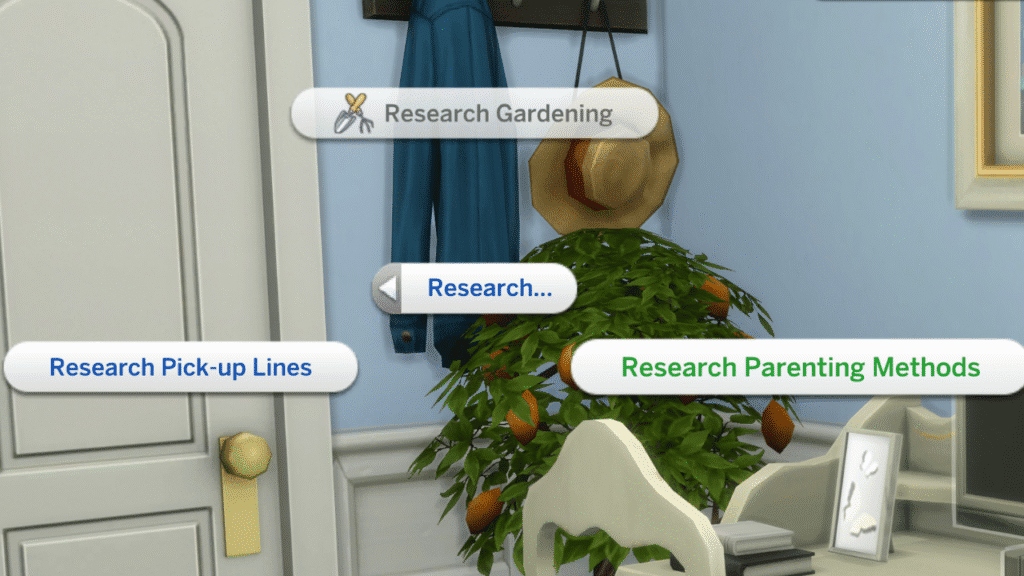 A screenshot from The Sims 4 of a computer on a desk with the menu open to the research tab with Research Parenting Methods open