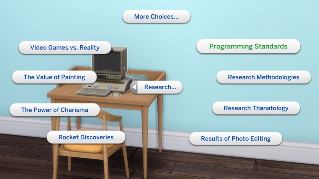 A screenshot from The Sims 4 showing the option to research programming standards