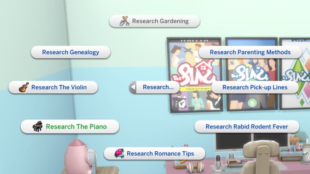 A screenshot from the sims 4 showing the option to research the piano on a computer