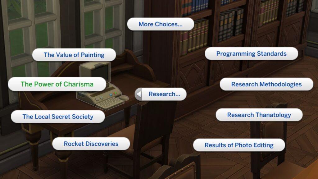 A screenshot from The Sims 4 showing the research archive machine options to gain the charisma skill