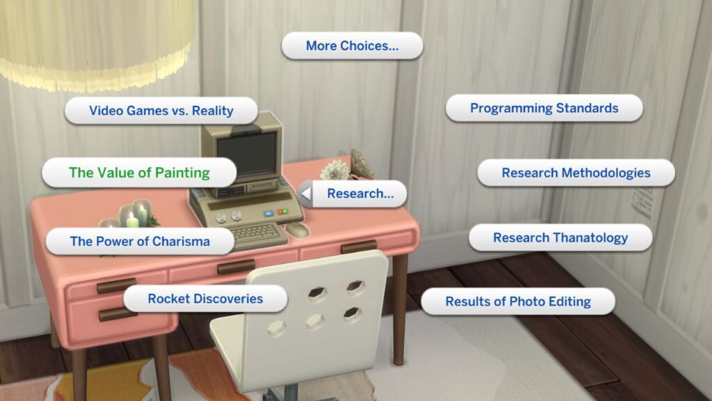 A screenshot from The Sims 4 of a desk with a research archive machine on it and The Value of Painting highlighted