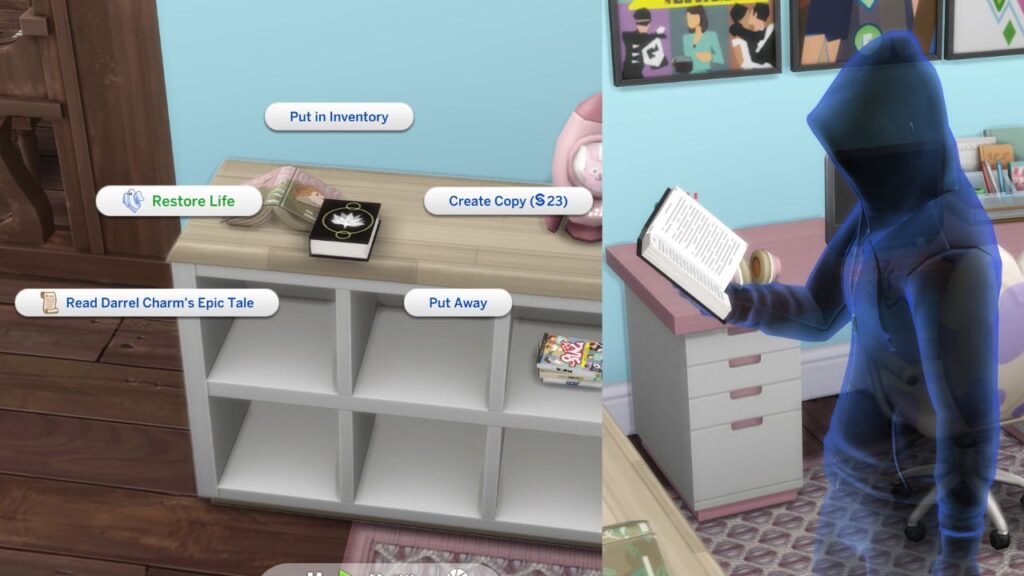 A screenshot from the sims 4 showing the restore life option on the book of life for ghosts 