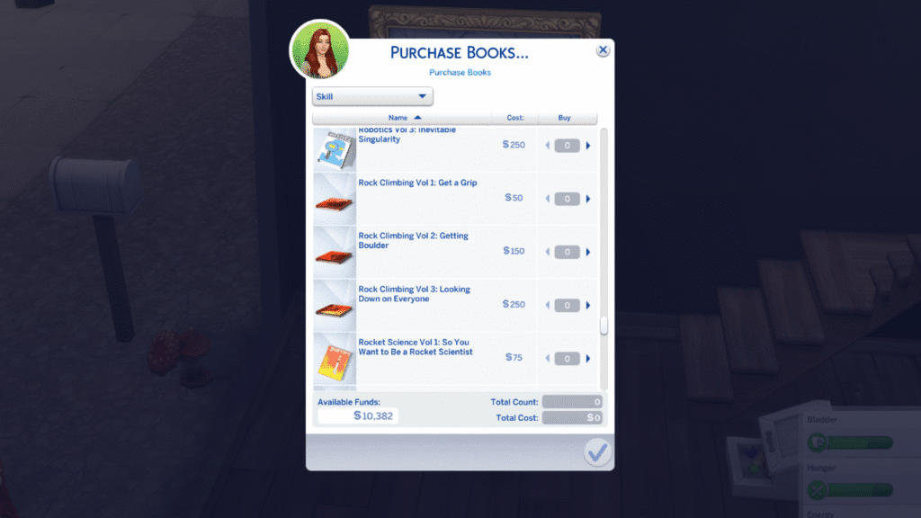 A screenshot of the rock climbing skill books your sim can read 