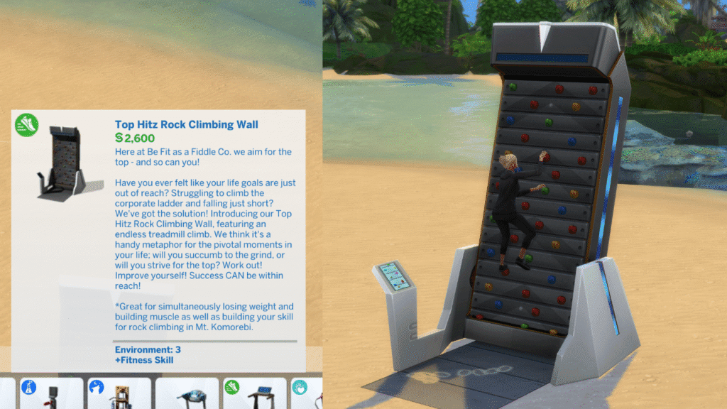 A set of two screenshots showing off the Top Hitz Rock Climbing wall from The Sims 4: Fitness Stuff