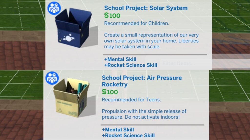 A screenshot from the sims 4 showing the school projects that gain the rocket science skill