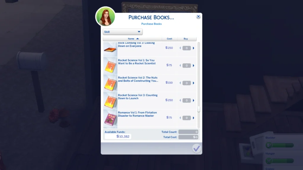 A screenshot from the sims 4 showing the rocket science skill books you can read 