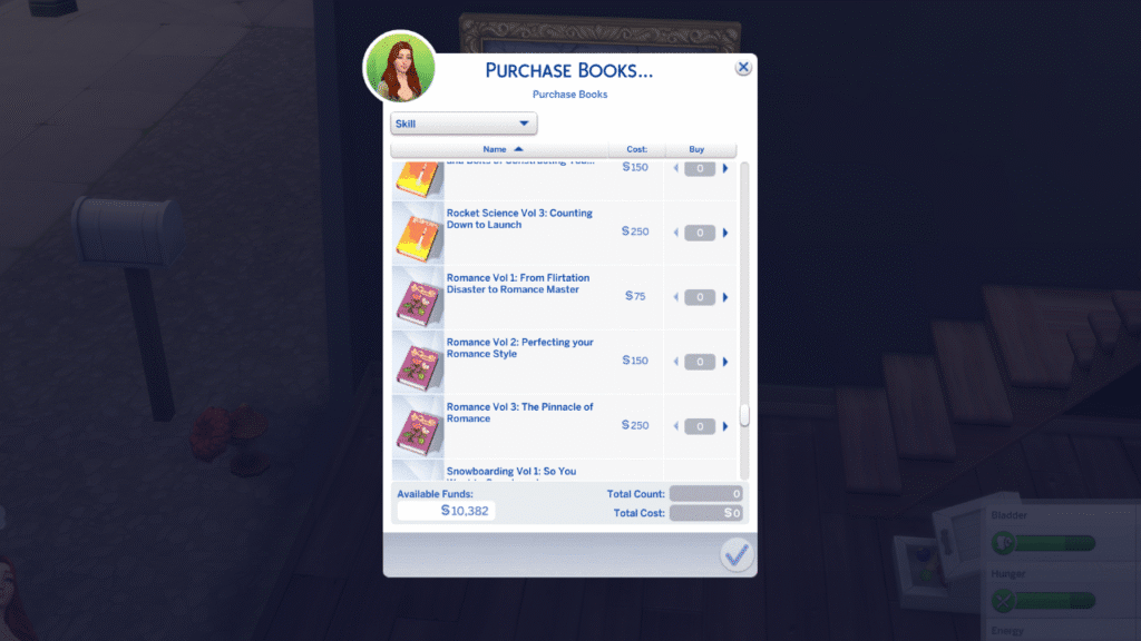 A screenshot from The Sims 4 showing the romance skill books you can purchase 