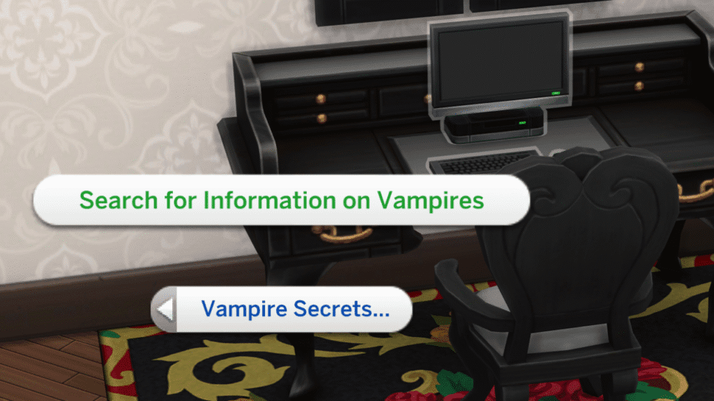 A screenshot from The Sims 4 showing the option to search for information on vampires in The Sims 4