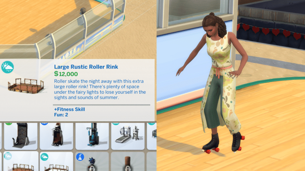 A screenshot from The Sims 4 showing a roller rink build mode listing and a sim roller skating 