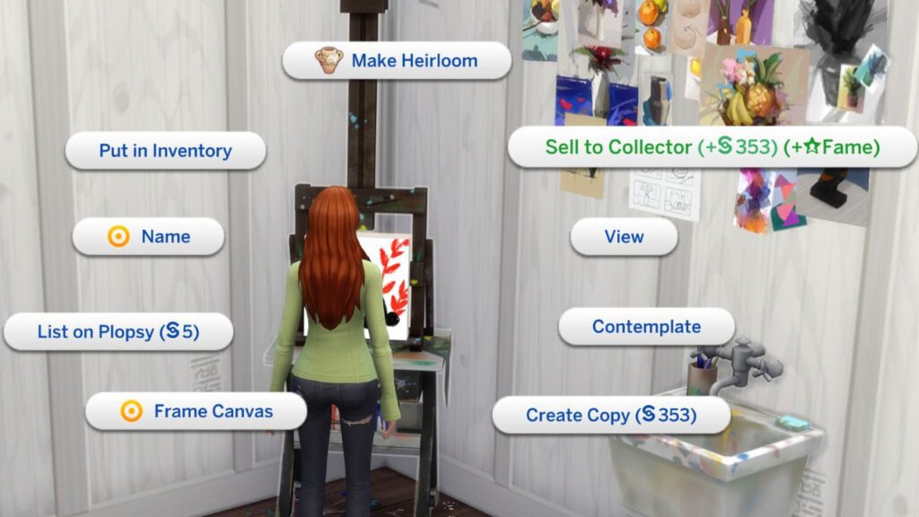 A screenshot from the sims 4 showing the Sell To Collector option for paintings
