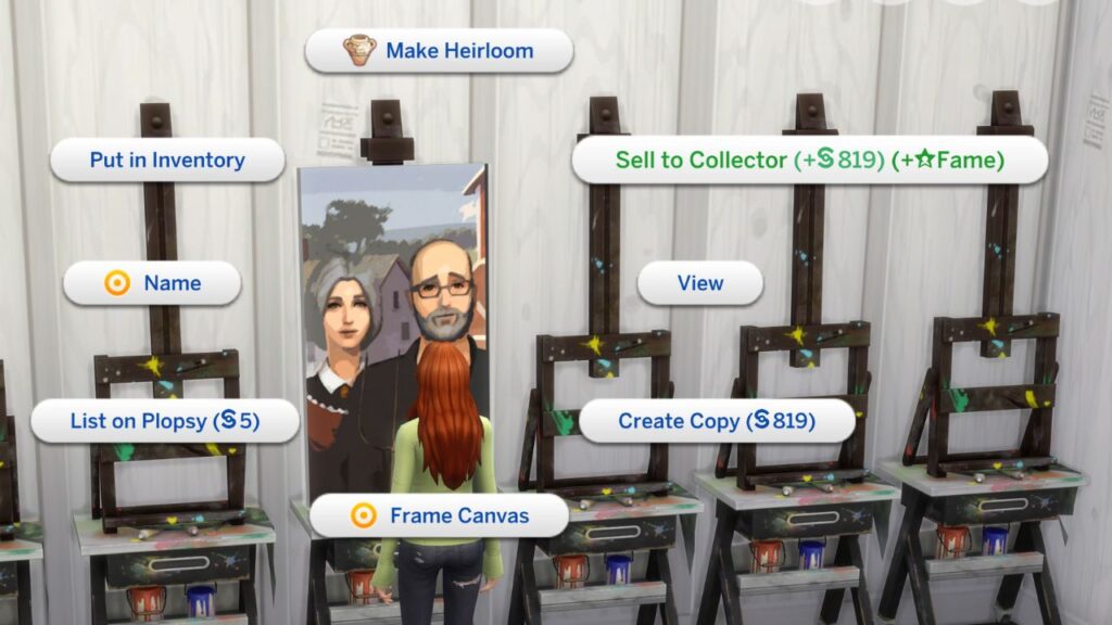 A screenshot from The Sims 4 showing the option to sell to collector and get fame