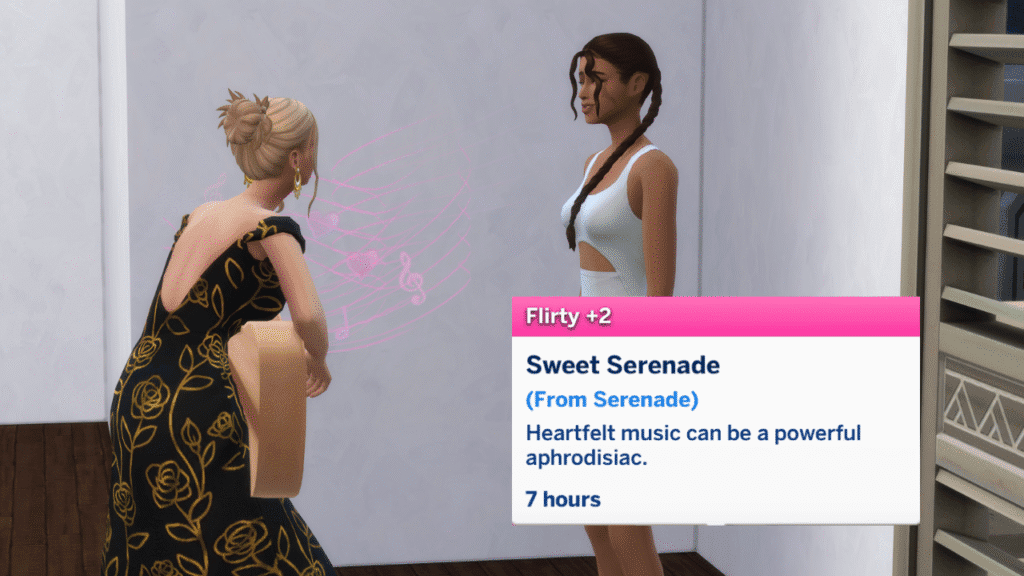 A screenshot from The Sims 4 showing a sim serenading another and the moodlet you get when doing this