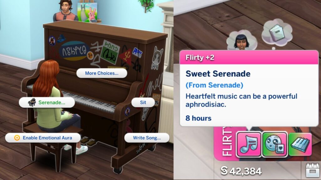 A screenshot from the sims 4 of a sim using a piano to serenade another sim