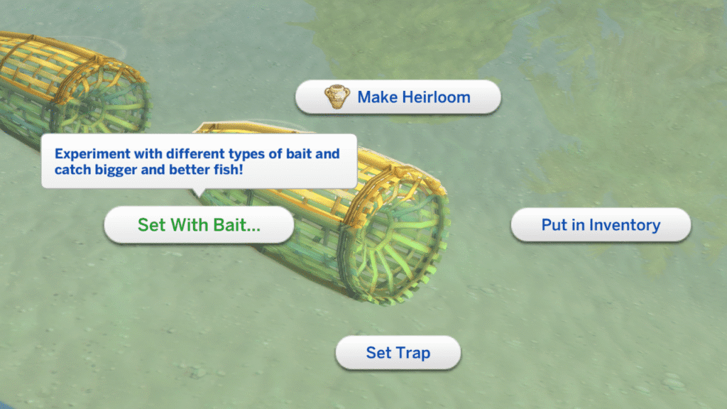 A screenshot from The Sims 4 showing that you can set traps with bait 